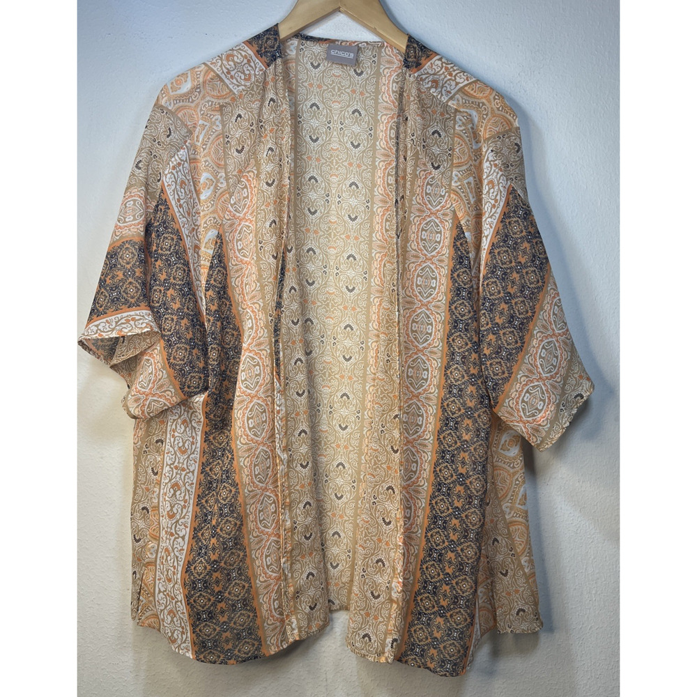 Chico's 2 large chicos Jacket Cardigan Top kimono Beige Orange duster open
